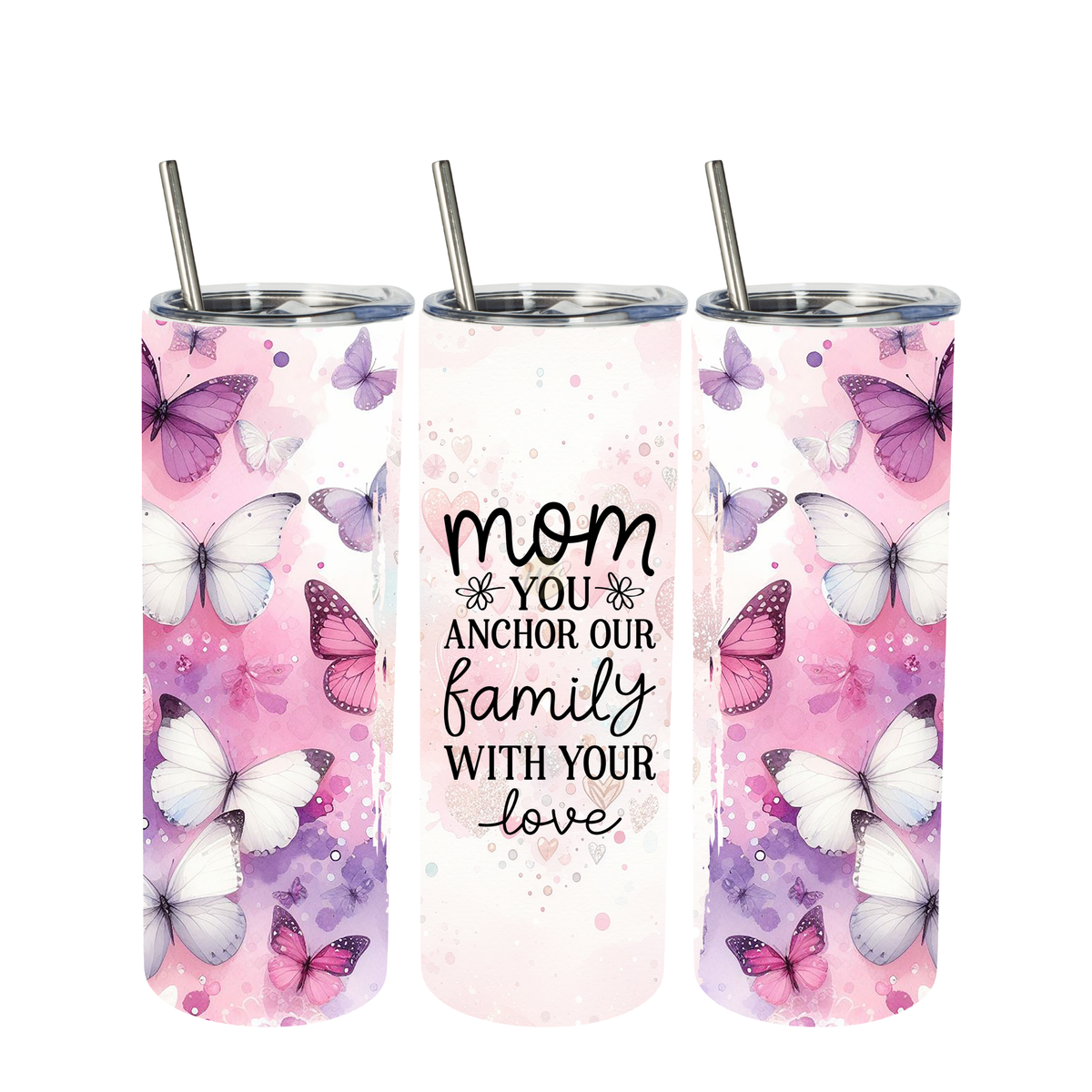 Mom butterfly tumbler with pink and purple floral design and quote “you anchor our family with your love”, 20oz skinny tumbler gift for mom