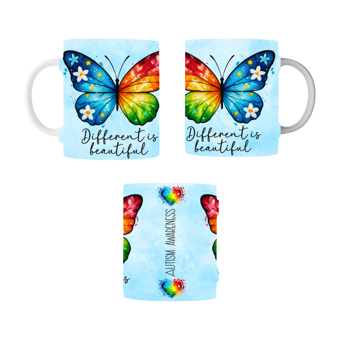 Autism awareness mug with colorful butterfly and “Different is Beautiful” quote
Close-up of butterfly autism coffee mug design with rainbow colors