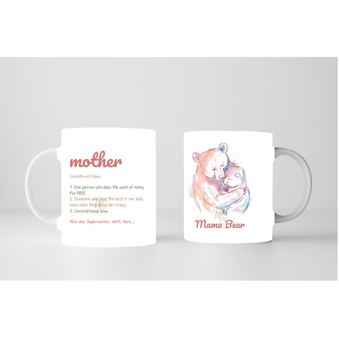 Mama Bear mug with mother definition and bear illustration, 11oz ceramic coffee mug gift for mom, Mother’s Day mug