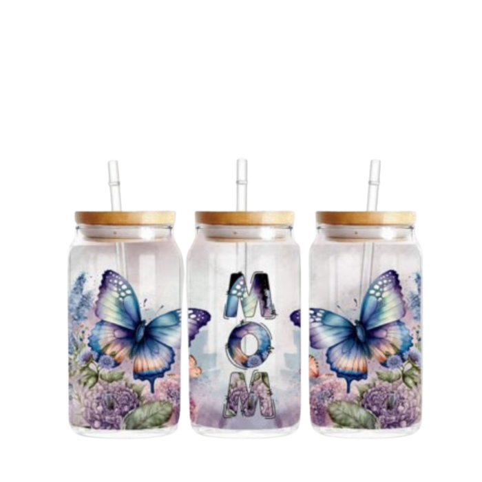 Mom butterfly glass tumbler with floral design and bamboo lid, 16oz aesthetic glass cup with straw, Mother’s Day gift for mom