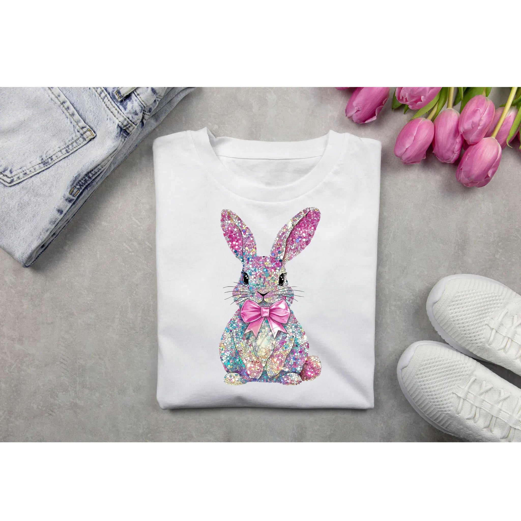 Glitter Easter Bunny DTF Transfer | Pink Bow Bunny Heat Press Transfer | Pastel Spring Shirt Transfer Worthan Creations