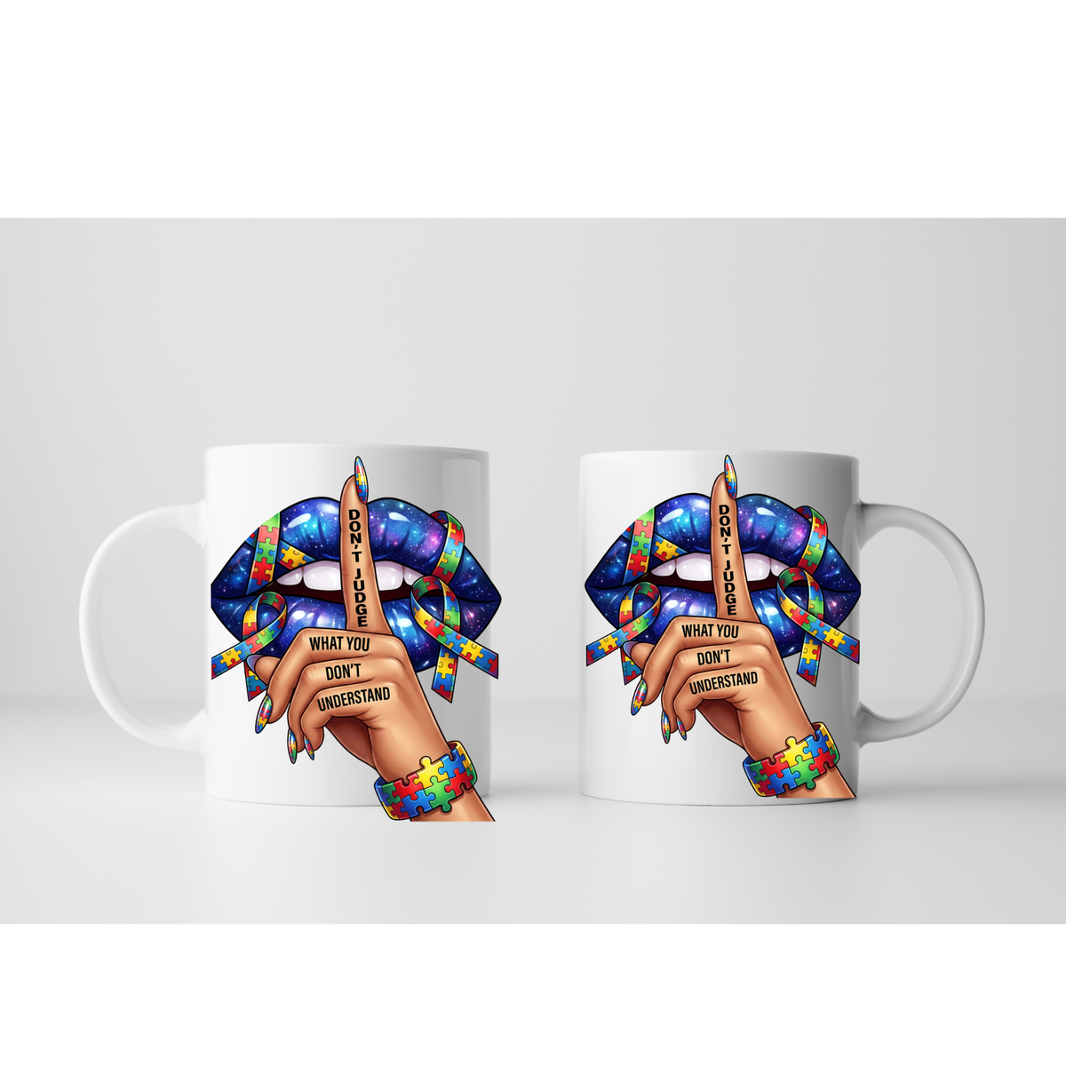 White ceramic autism awareness mug with colorful puzzle design and quote
Close-up of “Don’t Judge What You Don’t Understand” autism mug design