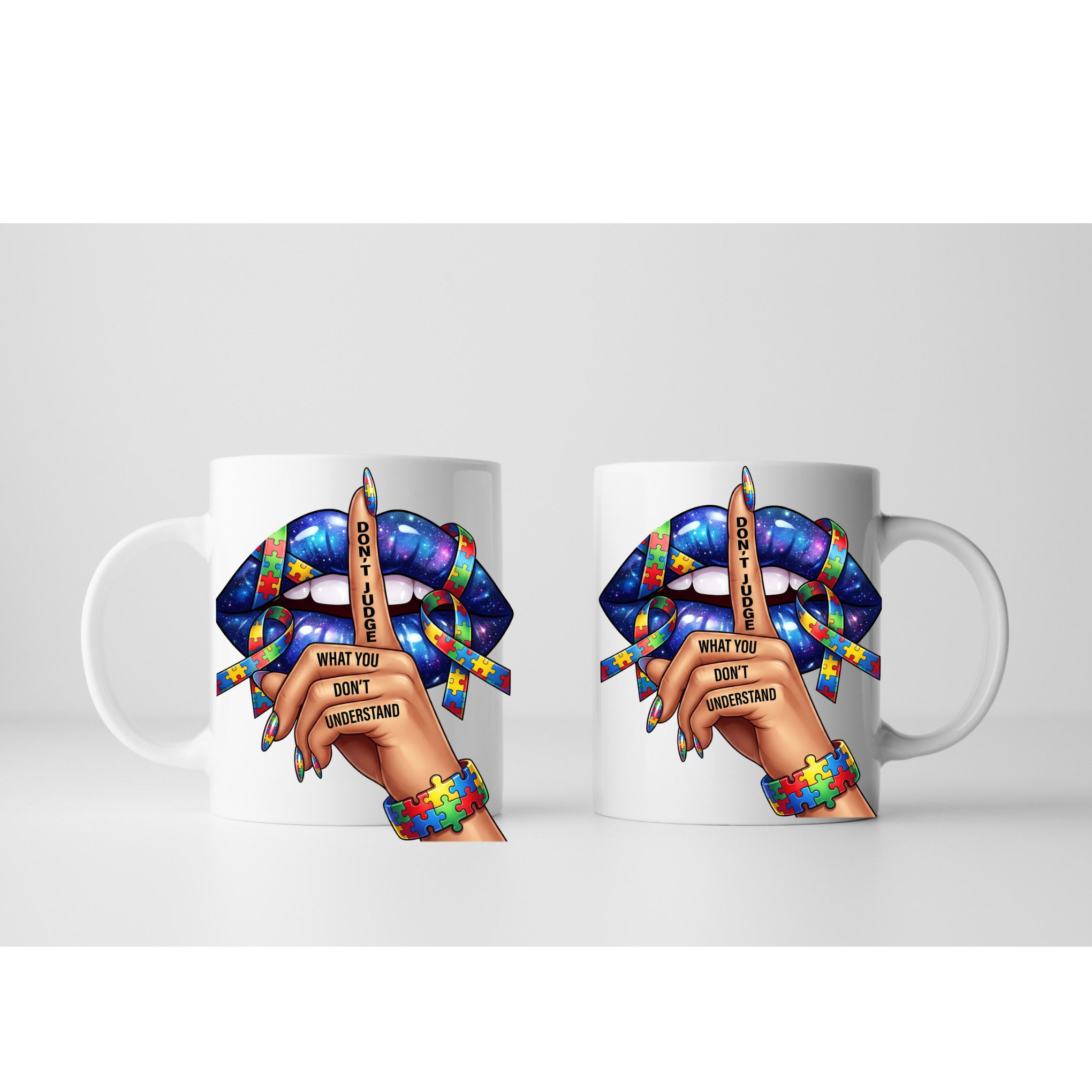 White ceramic autism awareness mug with colorful puzzle design and quote
Close-up of “Don’t Judge What You Don’t Understand” autism mug design