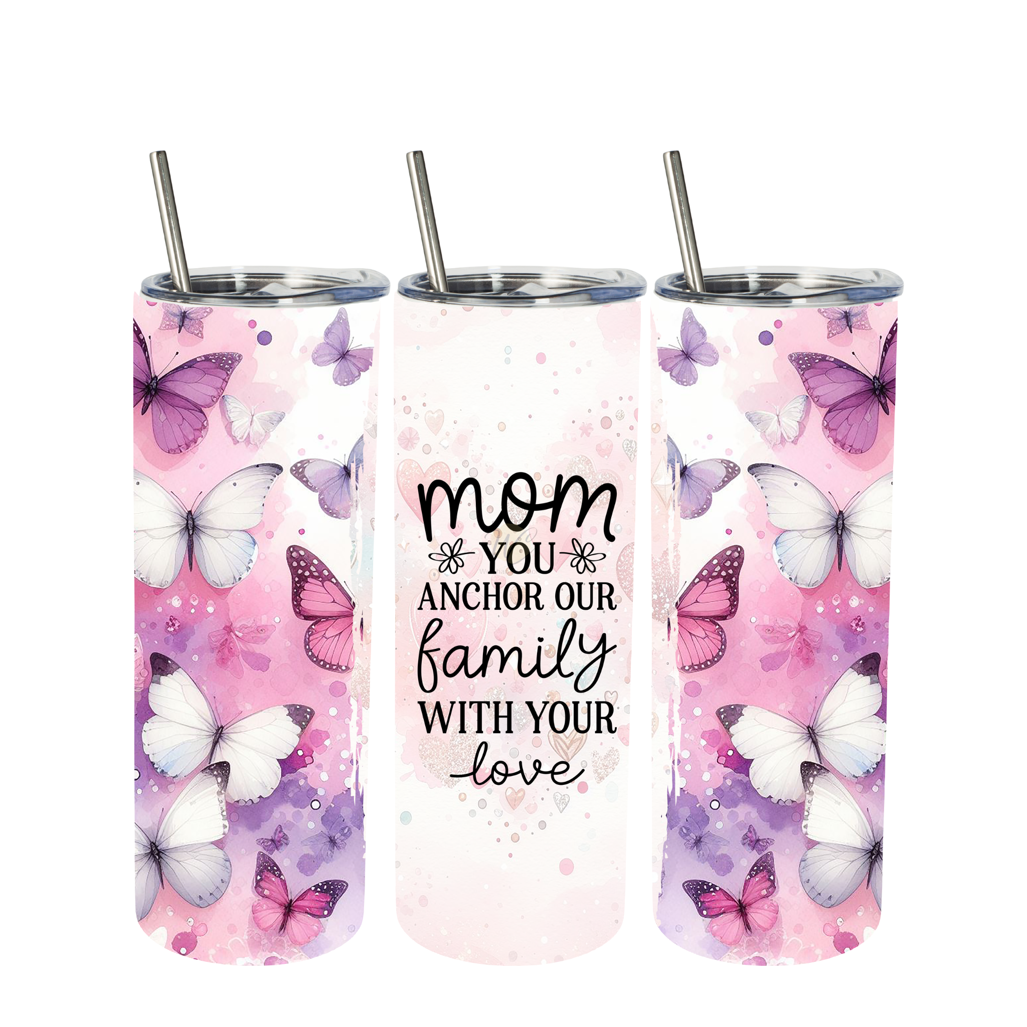 Mom butterfly tumbler with pink and purple floral design and quote “you anchor our family with your love”, 20oz skinny tumbler gift for mom
