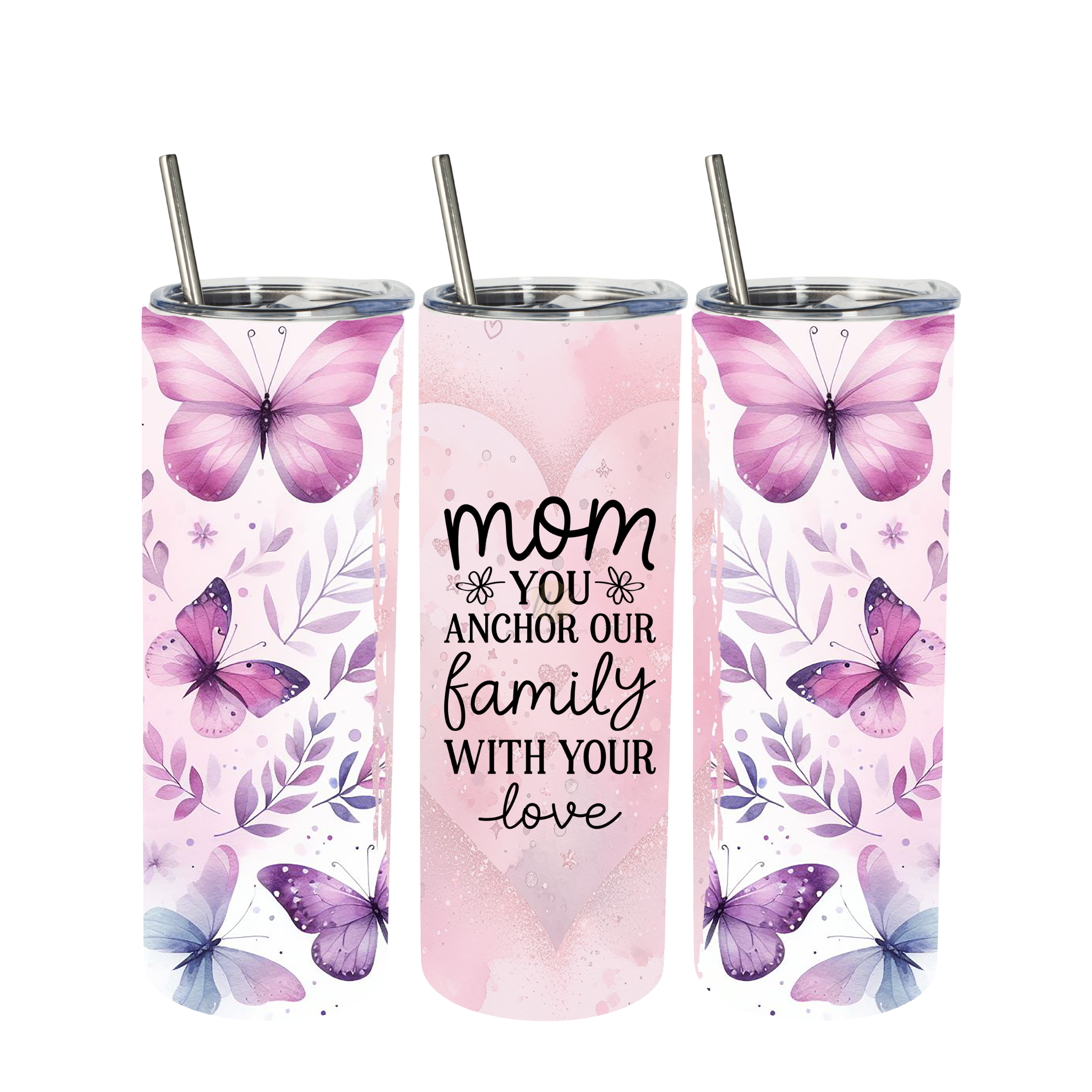 Mom butterfly heart tumbler with pink floral design and quote “you anchor our family with your love”, 20oz skinny tumbler gift for mom