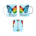 Autism awareness mug with colorful butterfly and “Different is Beautiful” quote
Close-up of butterfly autism coffee mug design with rainbow colors