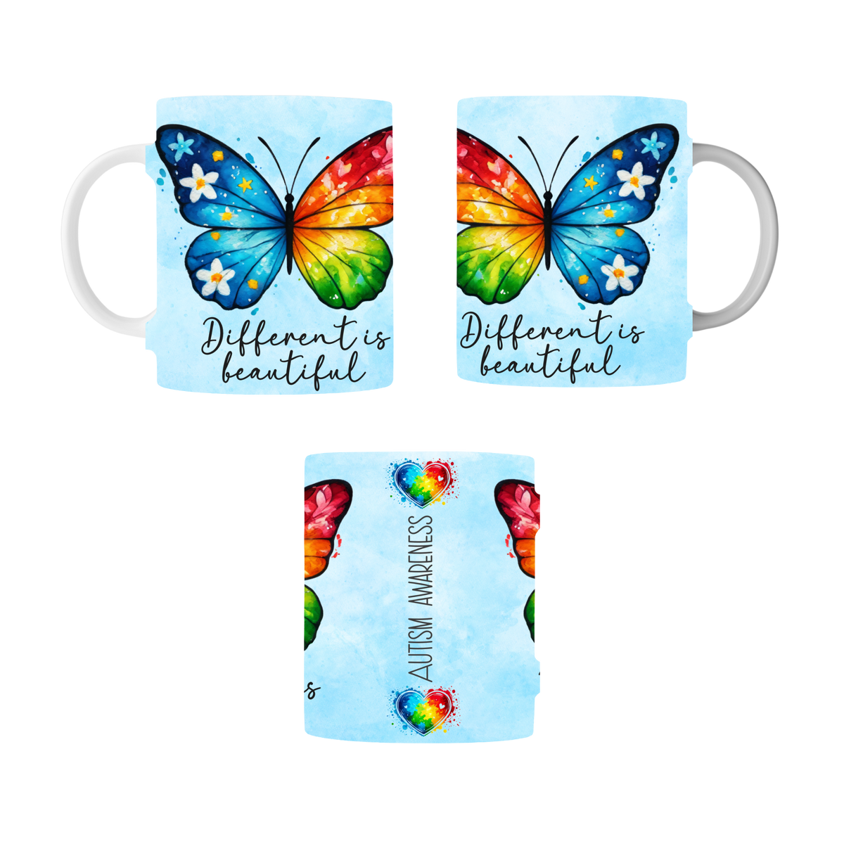 Autism awareness mug with colorful butterfly and “Different is Beautiful” quote
Close-up of butterfly autism coffee mug design with rainbow colors