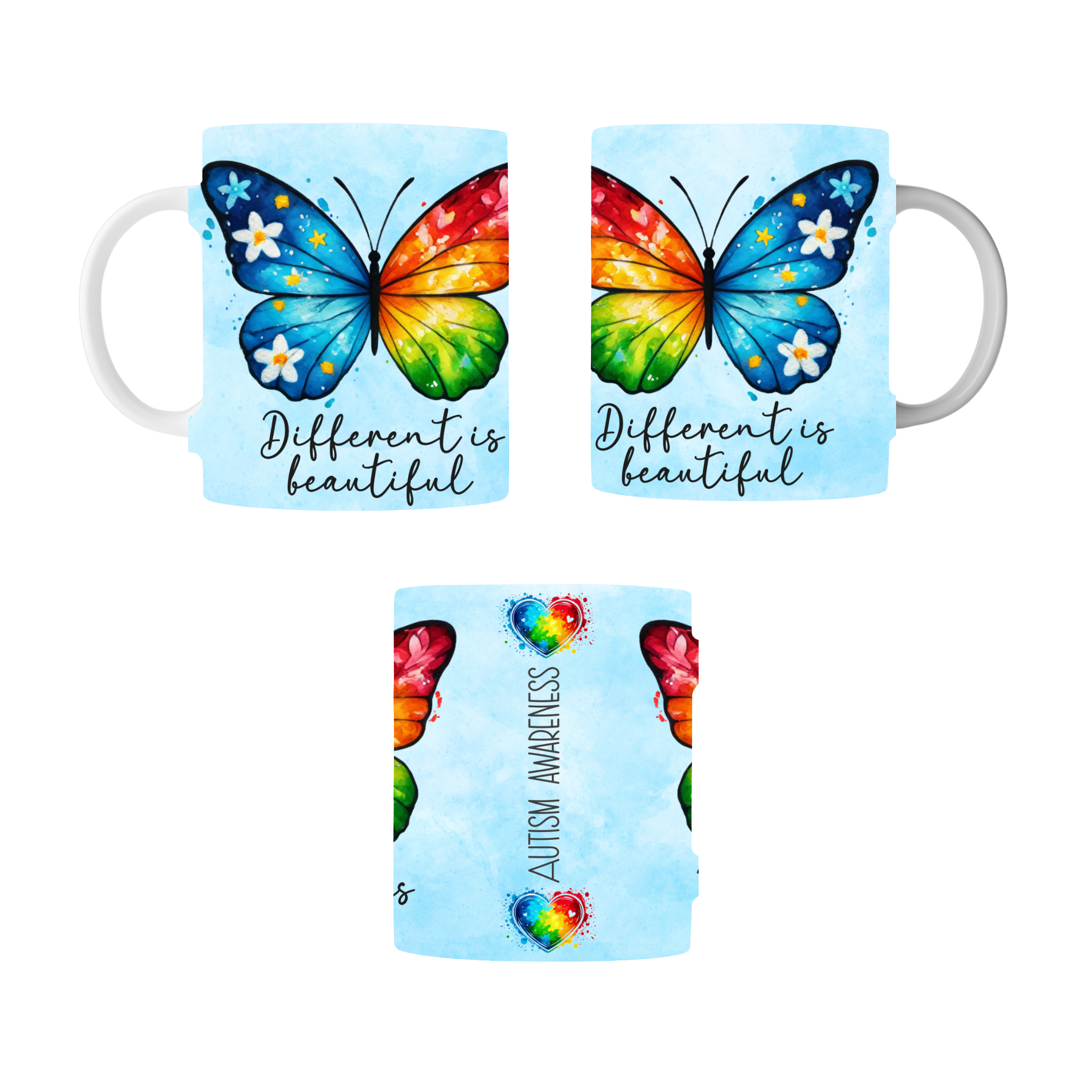 Autism awareness mug with colorful butterfly and “Different is Beautiful” quote
Close-up of butterfly autism coffee mug design with rainbow colors