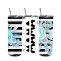 Custom name tumbler with black and white stripes, teal floral design, and marble accents, personalized 20oz skinny tumbler with straw