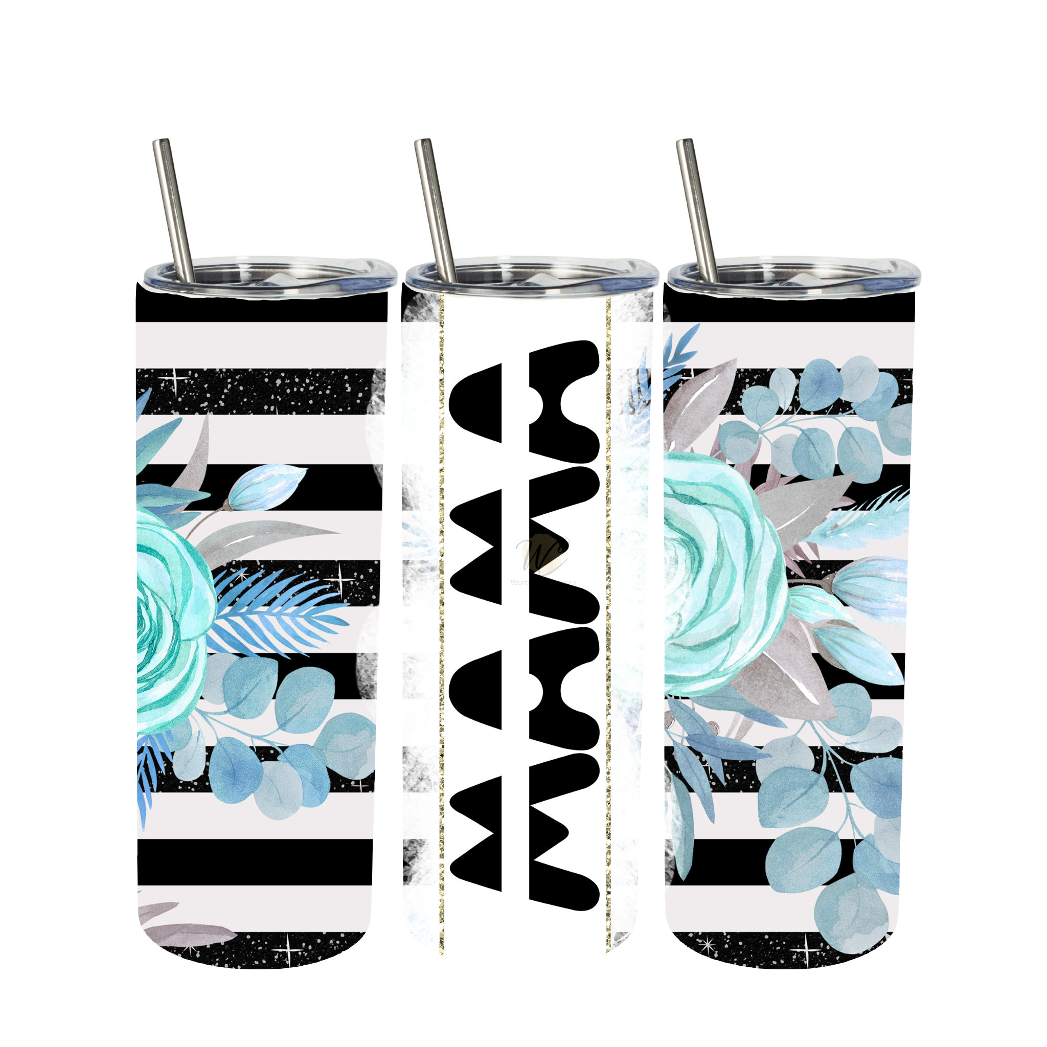Custom name tumbler with black and white stripes, teal floral design, and marble accents, personalized 20oz skinny tumbler with straw