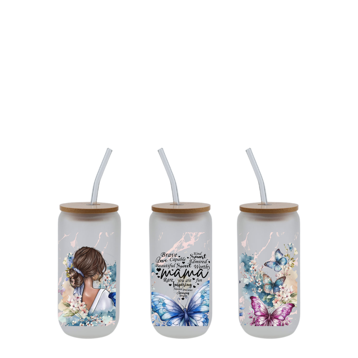 Mama glass tumbler with butterfly floral design and bamboo lid, 16oz aesthetic glass cup with straw, gift for mom