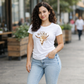 Country Mama western floral skull t-shirt worn with jeans, boho cowgirl style graphic tee for moms, rustic boutique fashion outfit