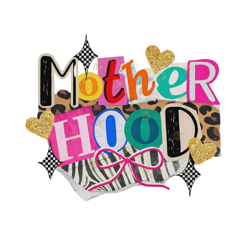 Mother Hood DTF transfer with colorful retro design, leopard print and checkered accents, 10 inch ready to press transfer for mom shirts