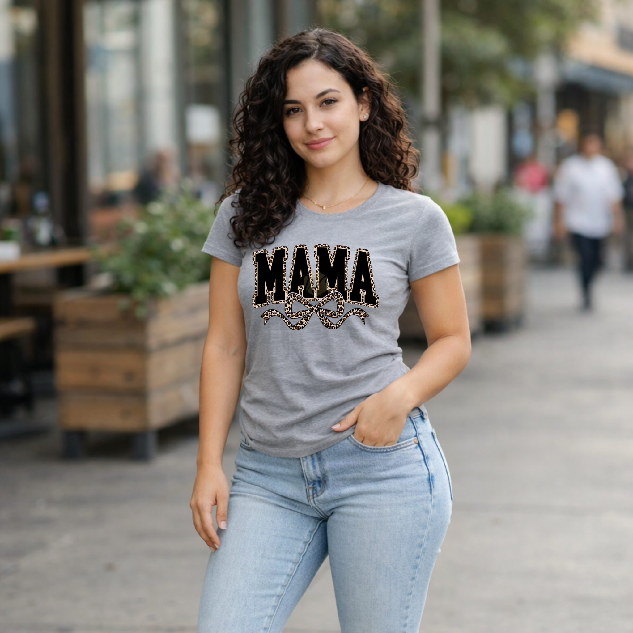 Mama leopard bow DTF transfer with bold black lettering and leopard print outline, 10 inch ready to press transfer for mom shirts
