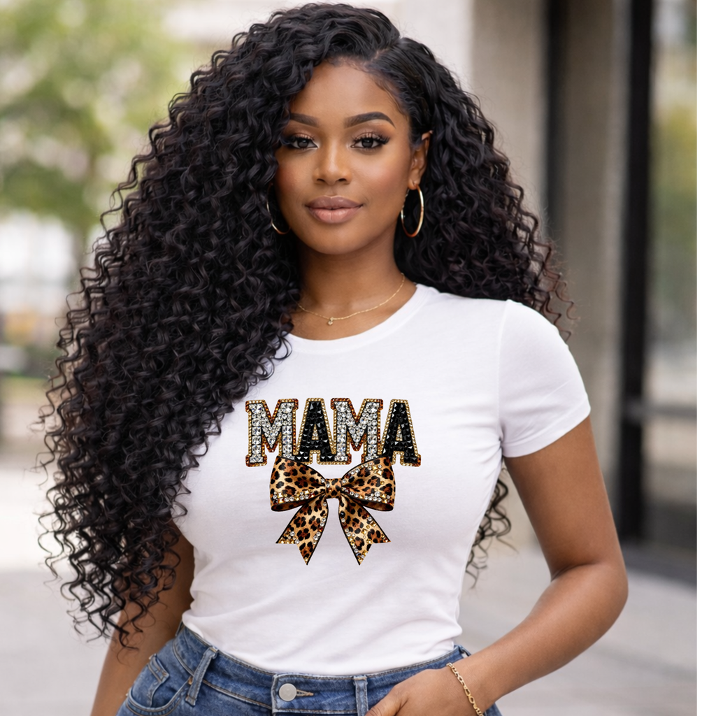Bling Mama DTF transfer with rhinestone effect lettering and leopard bow, 10 inch ready to press transfer for mom shirts