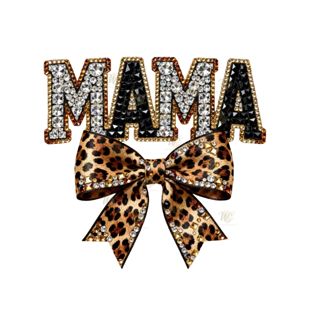 Bling Mama DTF transfer with rhinestone effect lettering and leopard bow, 10 inch ready to press transfer for mom shirts