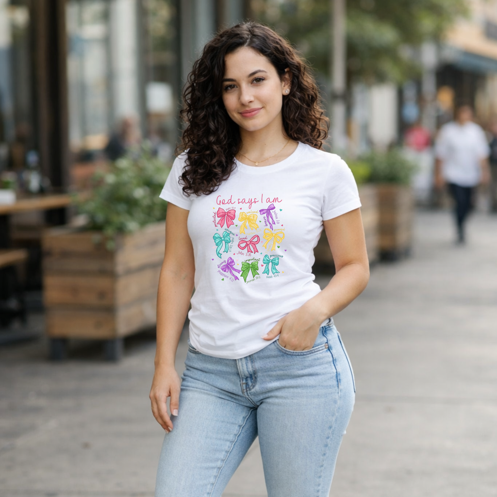 God Says I Am Christian DTF transfer with colorful bows and Bible verse affirmations for faith-based shirts