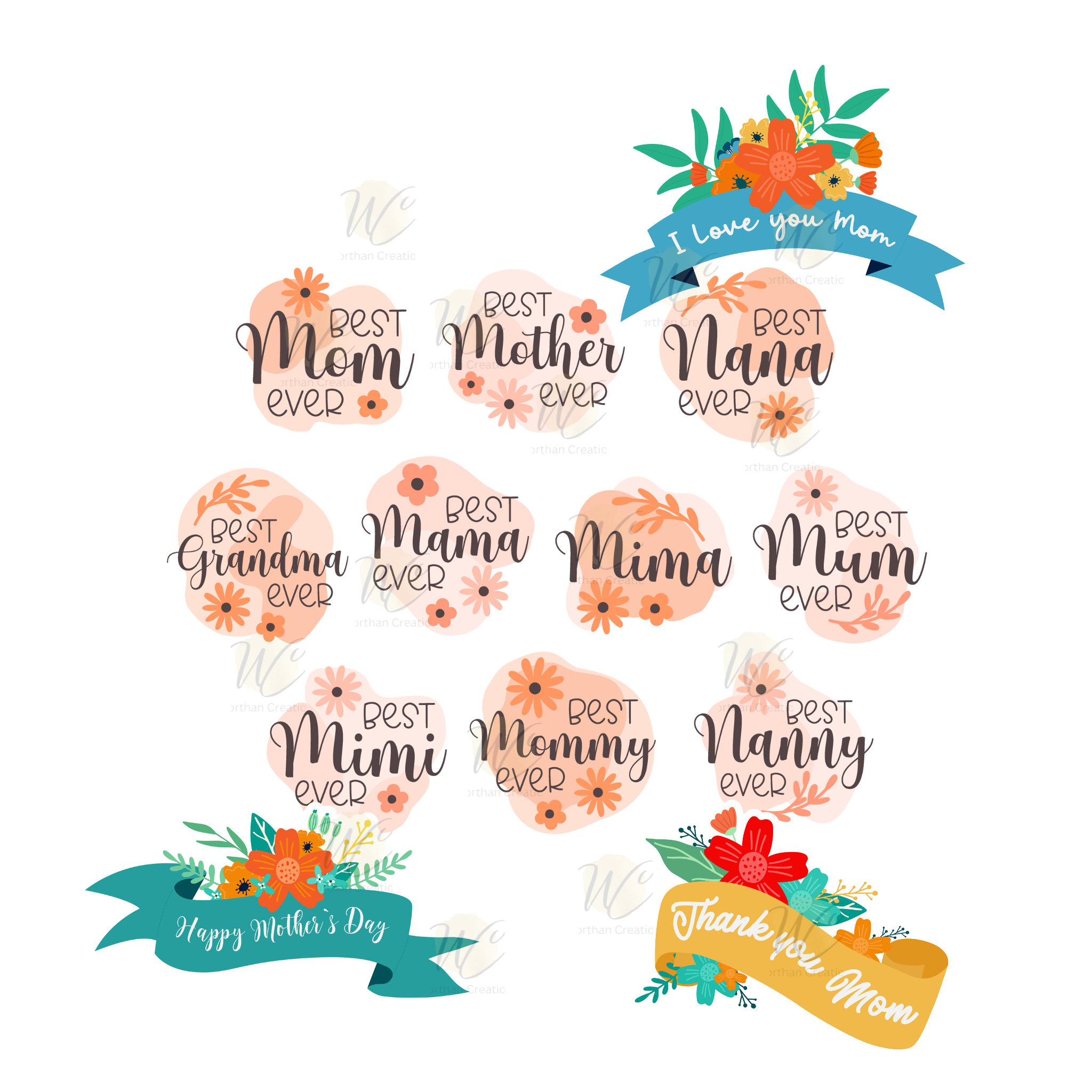 Mother’s Day sticker pack with floral mom designs, funny sayings, and titles like Nana, Mama, Mimi, and Grandma