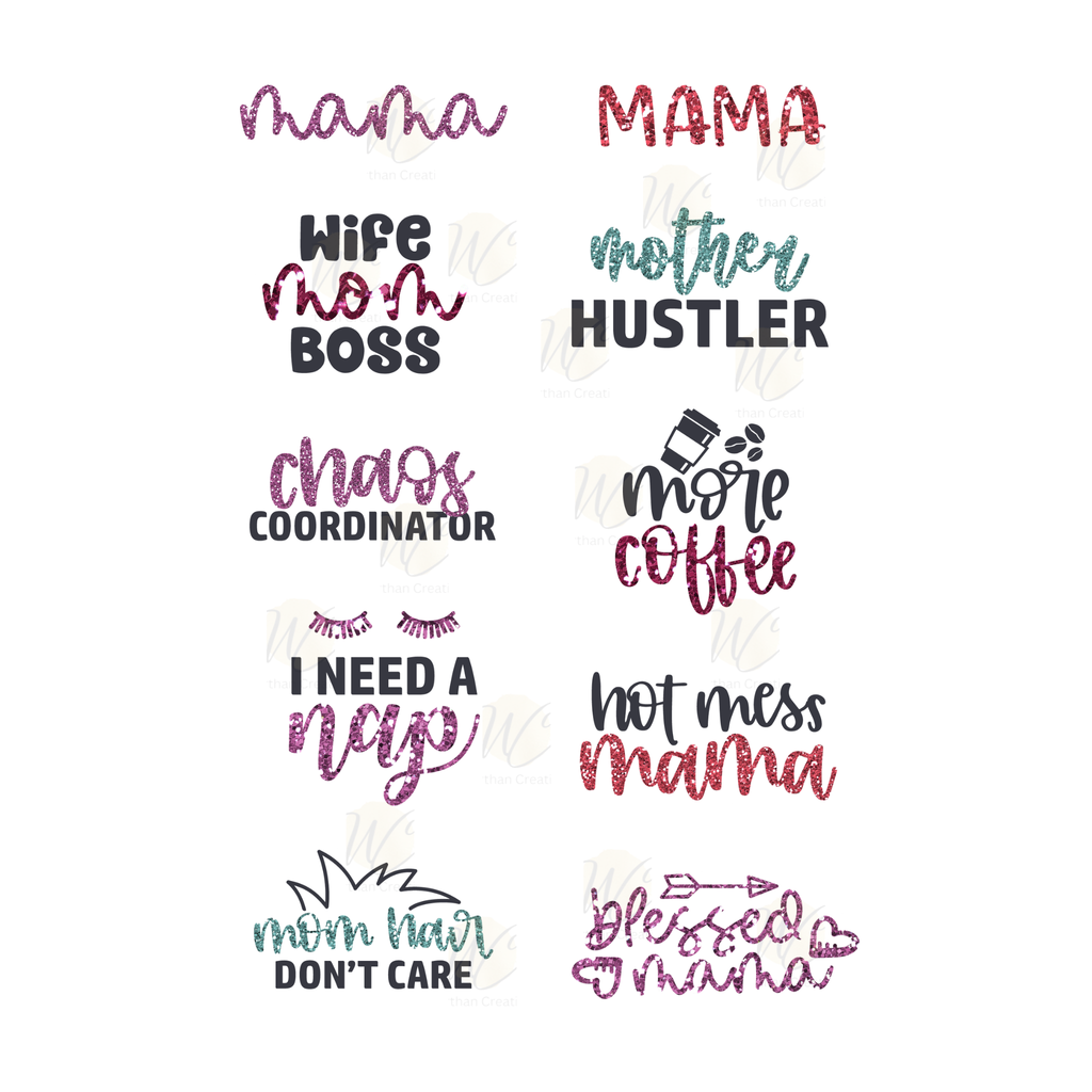 Mother’s Day sticker pack with floral mom designs, funny sayings, and titles like Nana, Mama, Mimi, and Grandma