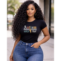 Model wearing black autism awareness world tour graphic t-shirt front view