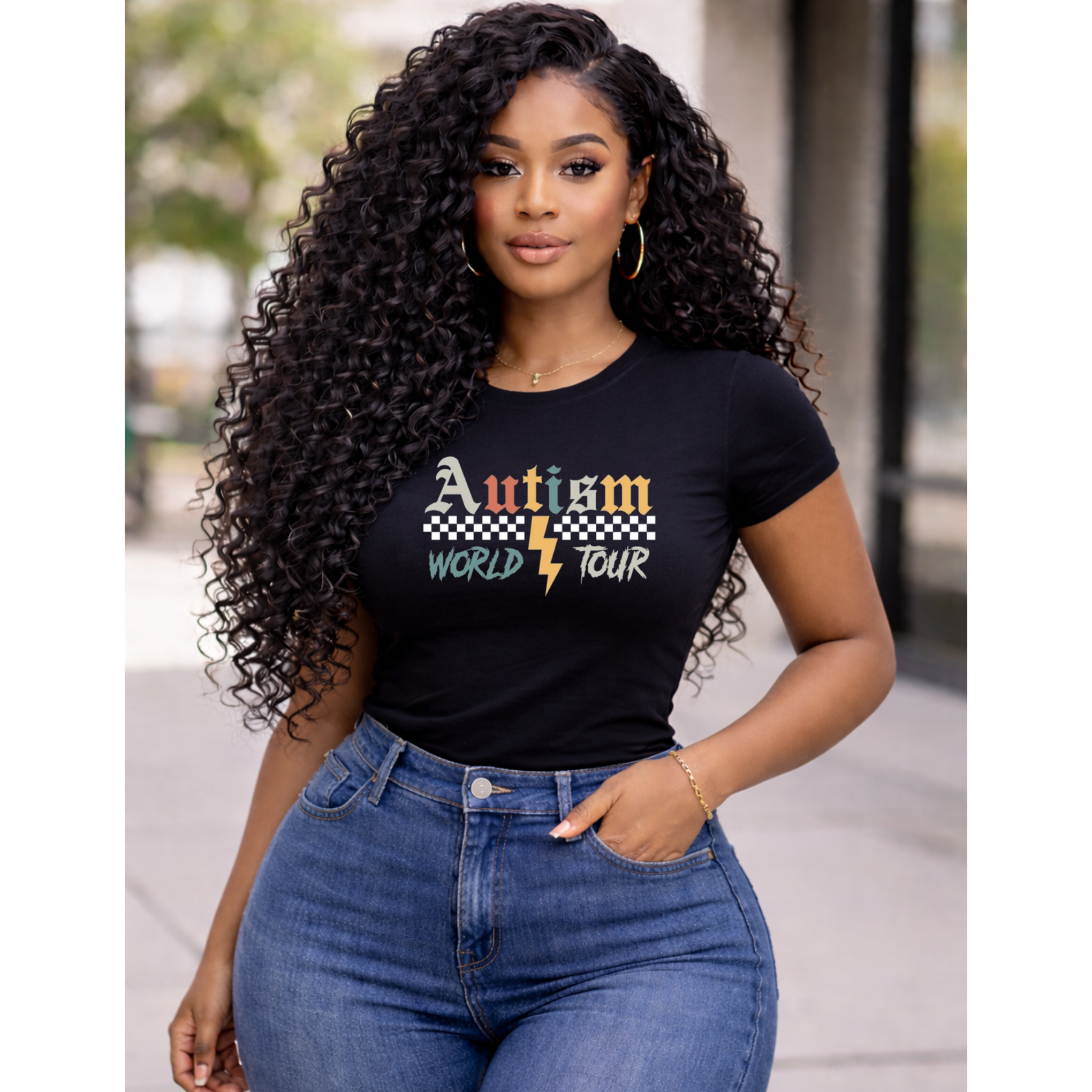 Model wearing black autism awareness world tour graphic t-shirt front view