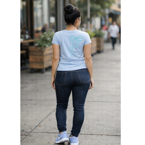 Back of autism awareness shirt with simple bow graphic detail