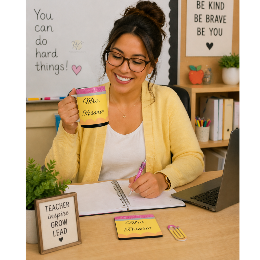 Teacher Appreciation Gift Bundle | Personalized 11oz Mug, Coaster & Giant Paperclip | Custom Teacher Gifts | End of Year Teacher Gift Idea