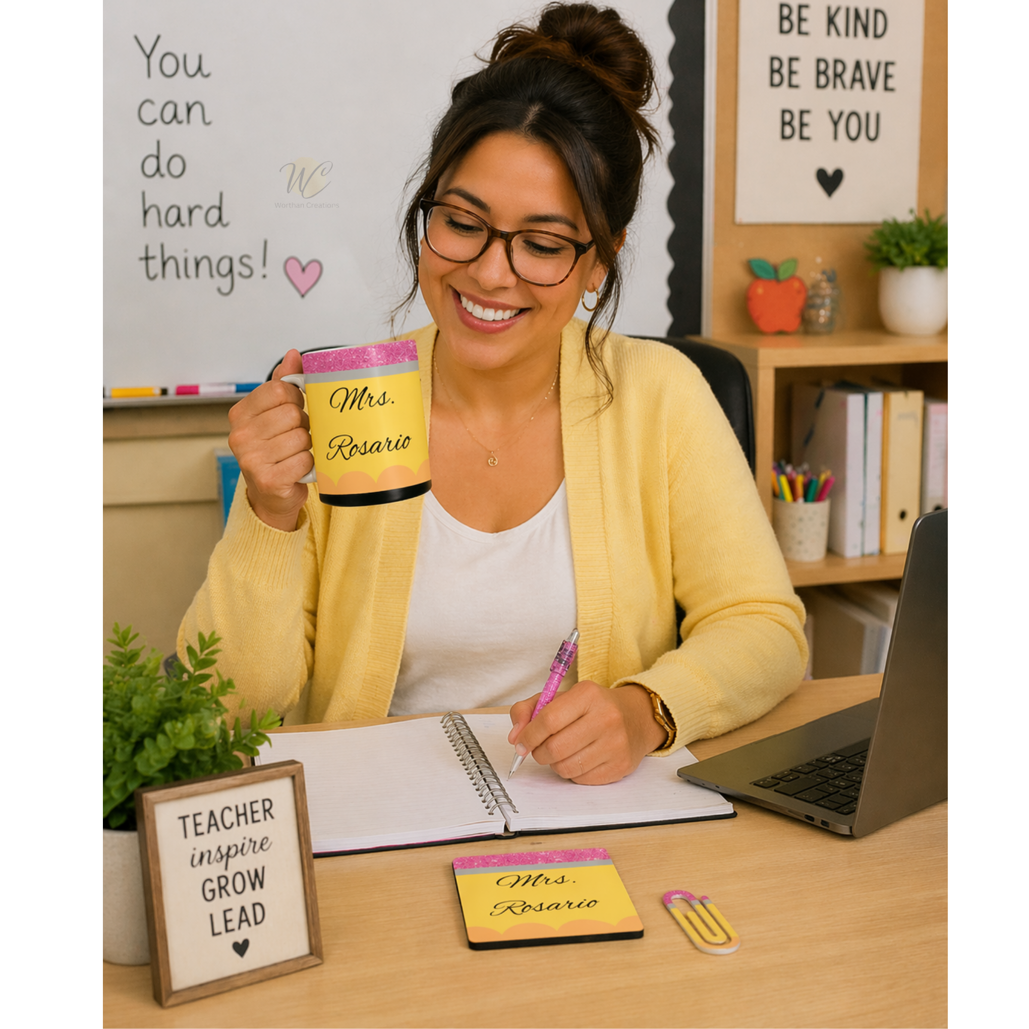 Teacher Appreciation Gift Bundle | Personalized 11oz Mug, Coaster & Giant Paperclip | Custom Teacher Gifts | End of Year Teacher Gift Idea