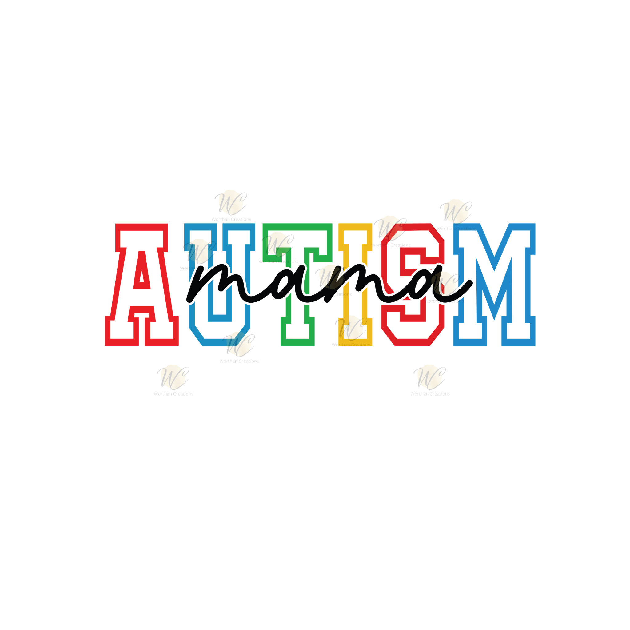 Autism mama dtf transfer varsity style colorful text design ready to press heat transfer for custom shirts