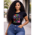 Model wearing black autism awareness shirt with colorful icons design
