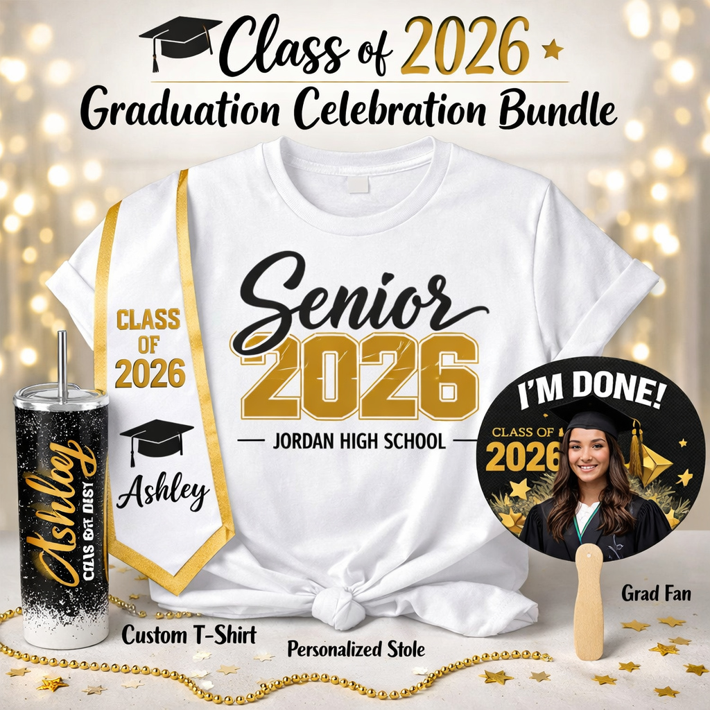 Custom Graduation Bundle – Personalized Shirt, Graduation Stole, Hand Fan & 20oz Tumbler | Class of 2026 Graduation Gift Set Worthan Creations