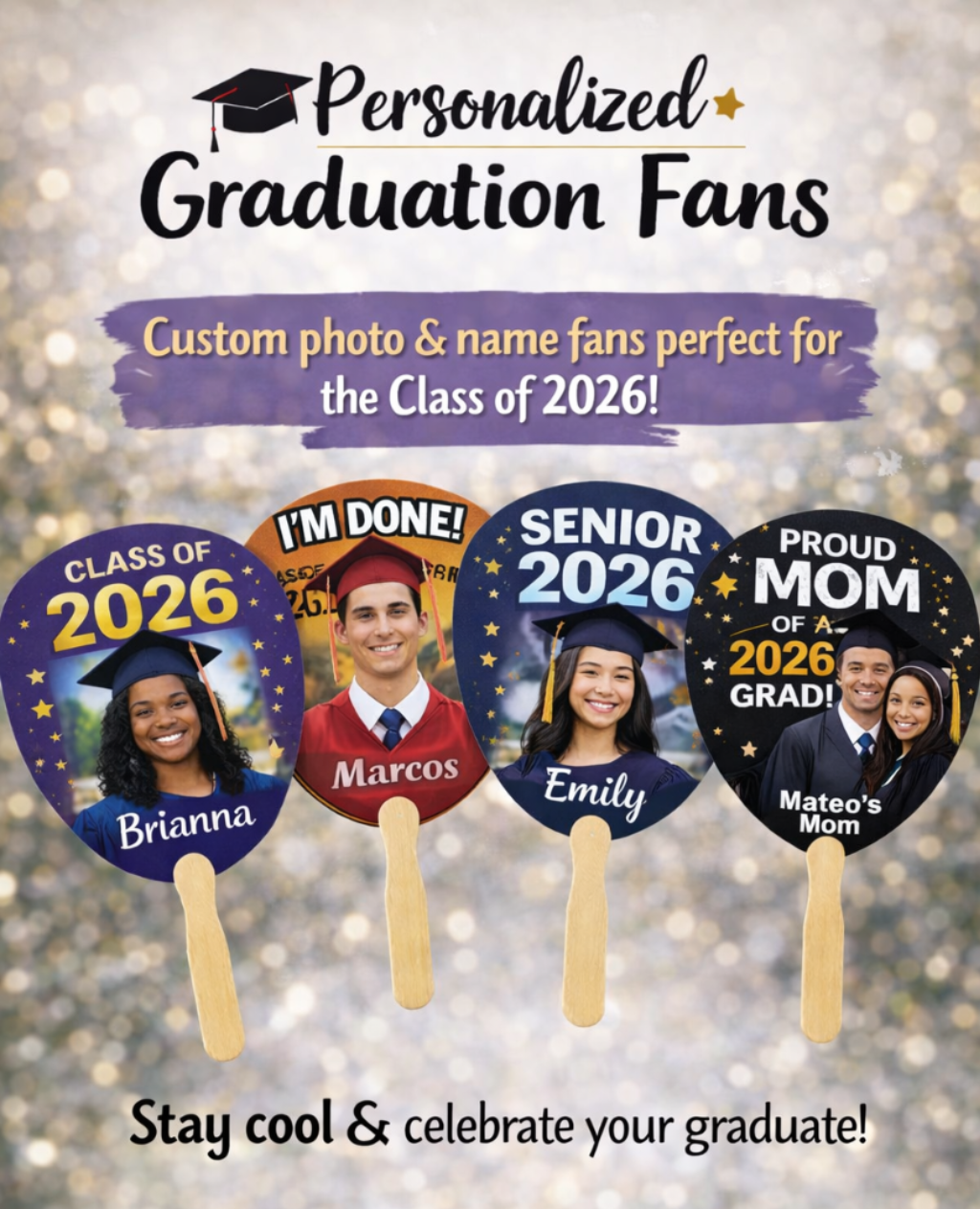 Custom Graduation Fans – Personalized Photo Graduation Hand Fans | Class of 2026 Senior Fans | Graduation Ceremony & Party Fans Worthan Creations