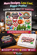 Custom gang sheet DTF transfer layout showing multiple colorful designs arranged on a single print sheet for cost-saving and bulk shirt production