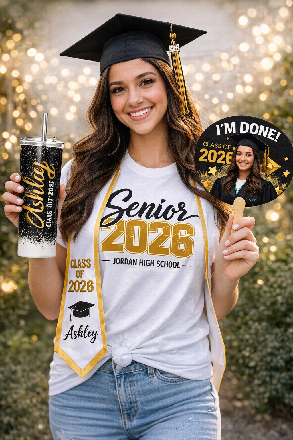 Custom Graduation Bundle – Personalized Shirt, Graduation Stole, Hand Fan & 20oz Tumbler | Class of 2026 Graduation Gift Set Worthan Creations