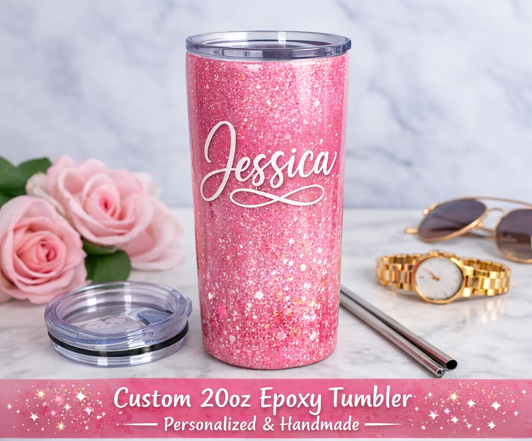 Custom 20oz Epoxy Tumbler | Personalized Glitter Tumbler | Handmade Stainless Steel Cup