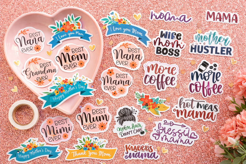 Mother’s Day sticker pack with floral mom designs, funny sayings, and titles like Nana, Mama, Mimi, and Grandma