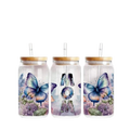 Mom butterfly glass tumbler with floral design and bamboo lid, 16oz aesthetic glass cup with straw, Mother’s Day gift for mom