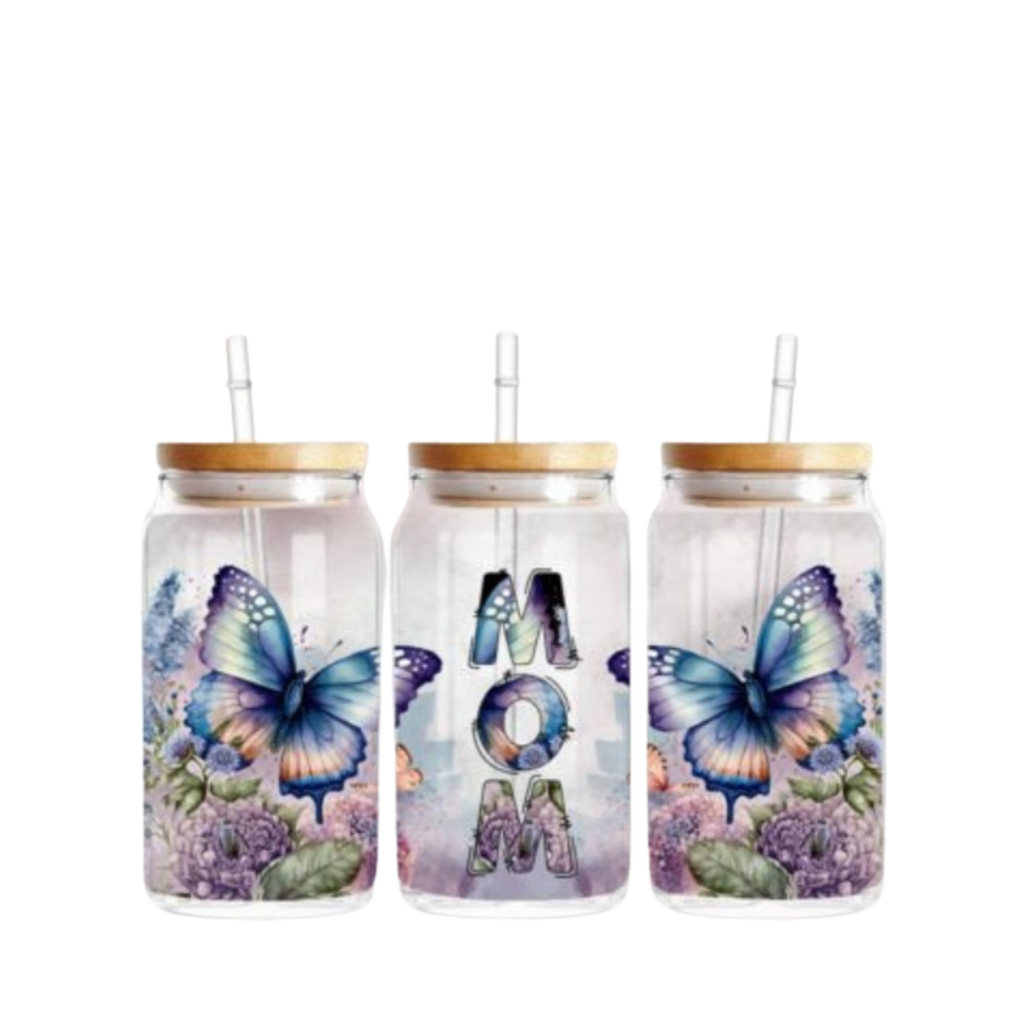 Mom butterfly glass tumbler with floral design and bamboo lid, 16oz aesthetic glass cup with straw, Mother’s Day gift for mom